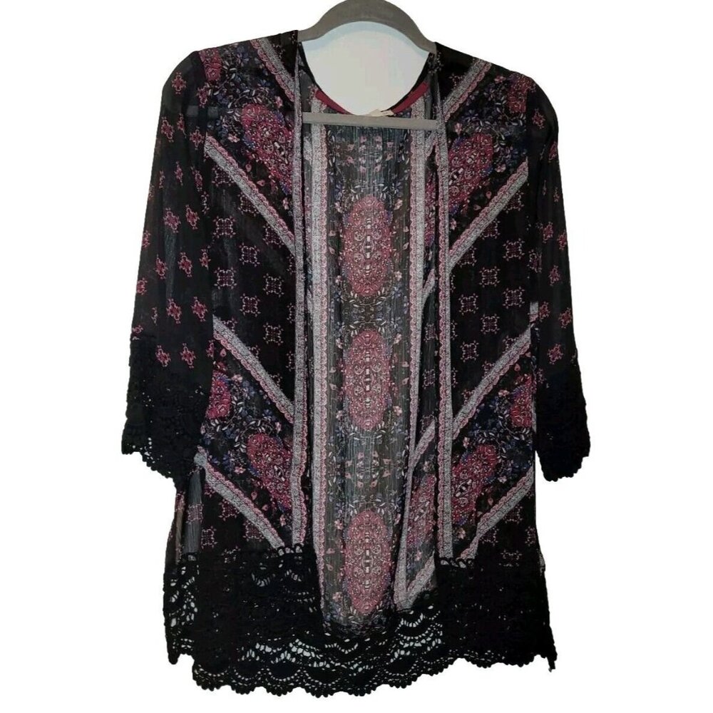 Mason Belle Kimono Boho Top Flowy, Relaxed Crotchet Accent Black Floral Sheer XS